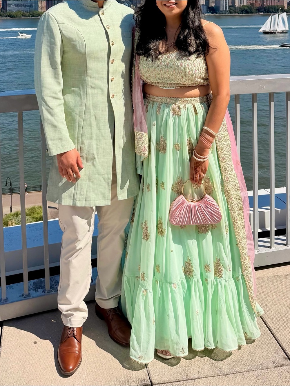 Light Mint Embroidered Maxi Skirt with Pink Dupatta - Picture 2 of 2